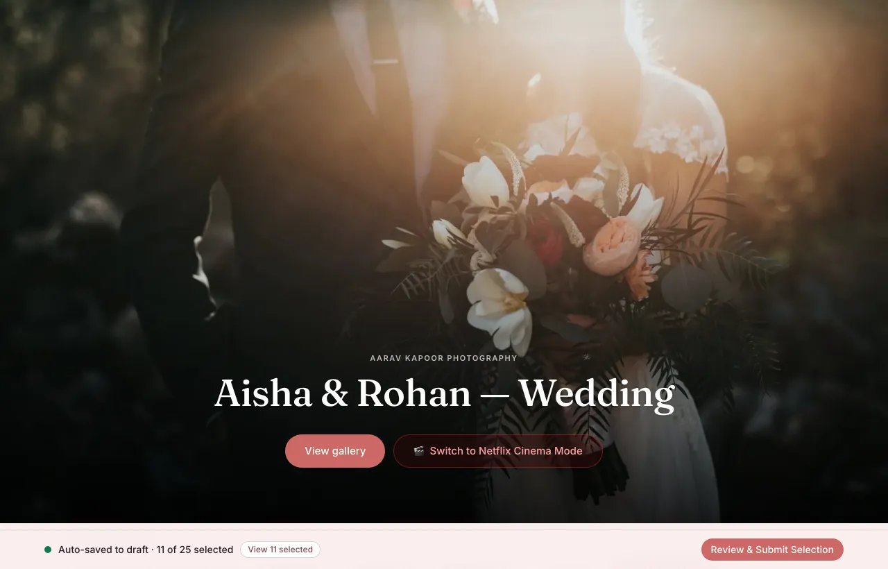 A client gallery opened from its link: the studio name above the couple's names over a full-bleed cover photograph, a button into the gallery, and a bar along the bottom reading 'Auto-saved to draft · 11 of 25 selected'.