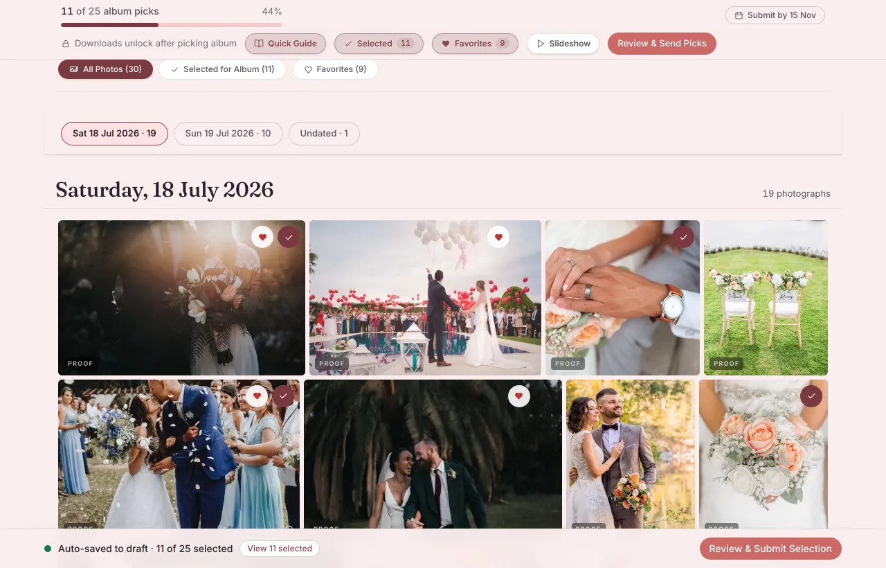 The same gallery scrolled to the photographs: a meter reading '11 of 25 album picks, 44%', a 'Submit by 15 Nov' date, filters for all photos, selected and favourites, and a grid of frames each carrying a tick and a heart.